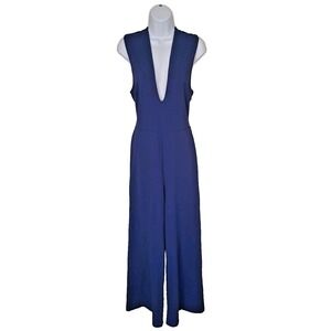 Pink Lily Jumpsuit Size Large Blue Wide Leg Plunging Neckline Polyester Spandex